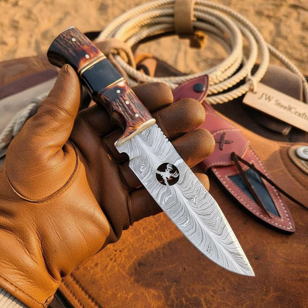 Palmarius Outdoors Texas Star Damascus Bowie Knife 11" Handmade Deer Engraved Two-Tone Handle Bowie Knife
