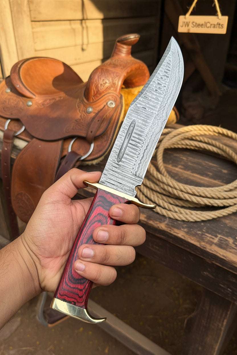 Palmarius Outdoors Handmade Damascus Clip Point Bowie Utility Knife Fixed Blade Pakka Wood Handle with Guard