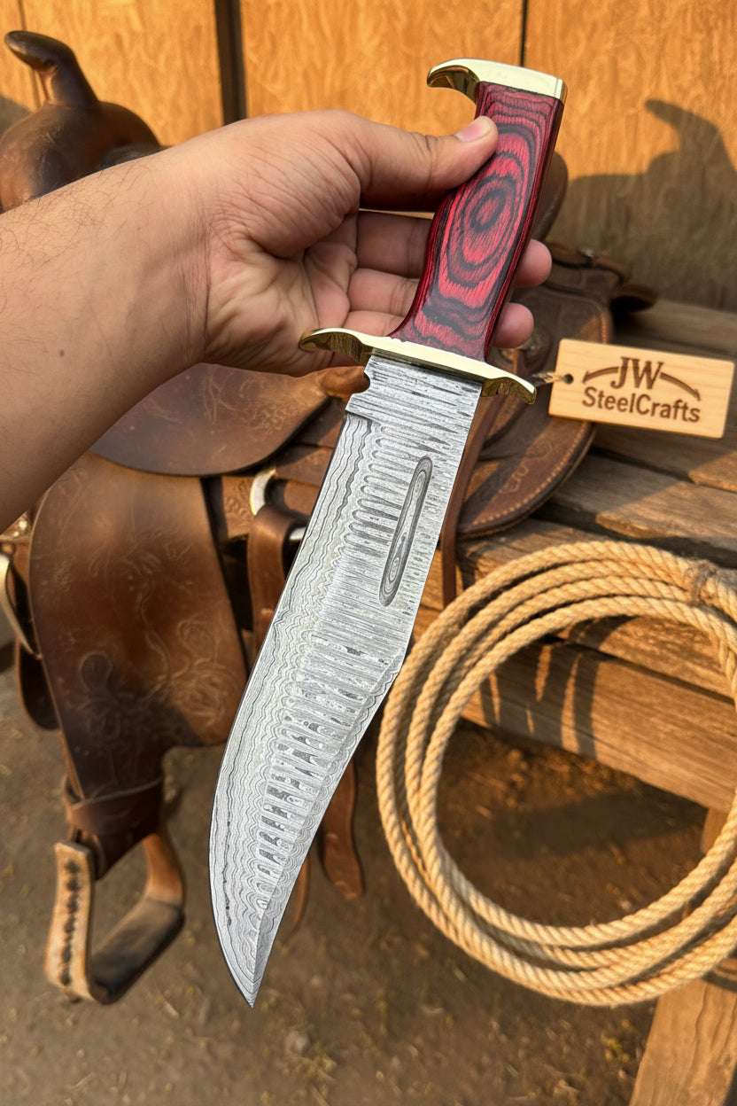 Palmarius Outdoors Handmade Damascus Clip Point Bowie Utility Knife Fixed Blade Pakka Wood Handle with Guard