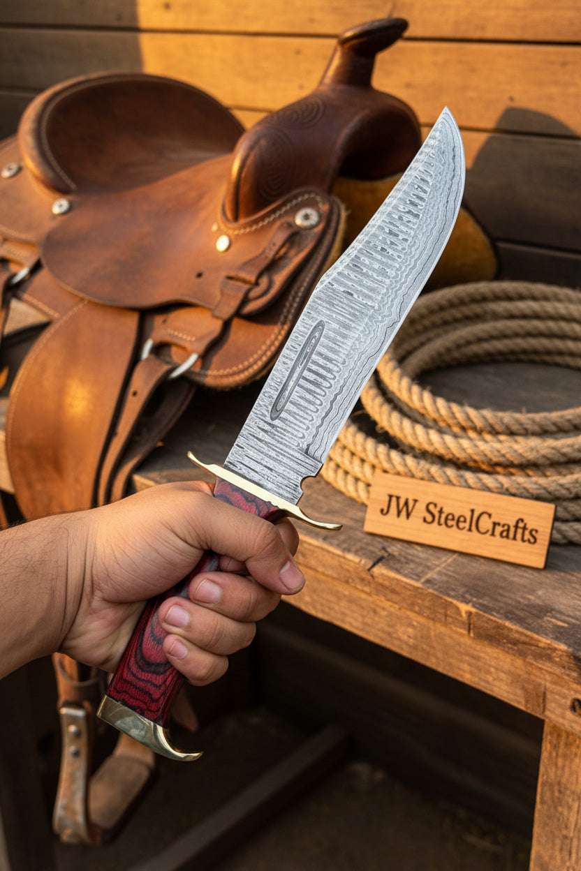 Palmarius Outdoors Handmade Damascus Clip Point Bowie Utility Knife Fixed Blade Pakka Wood Handle with Guard