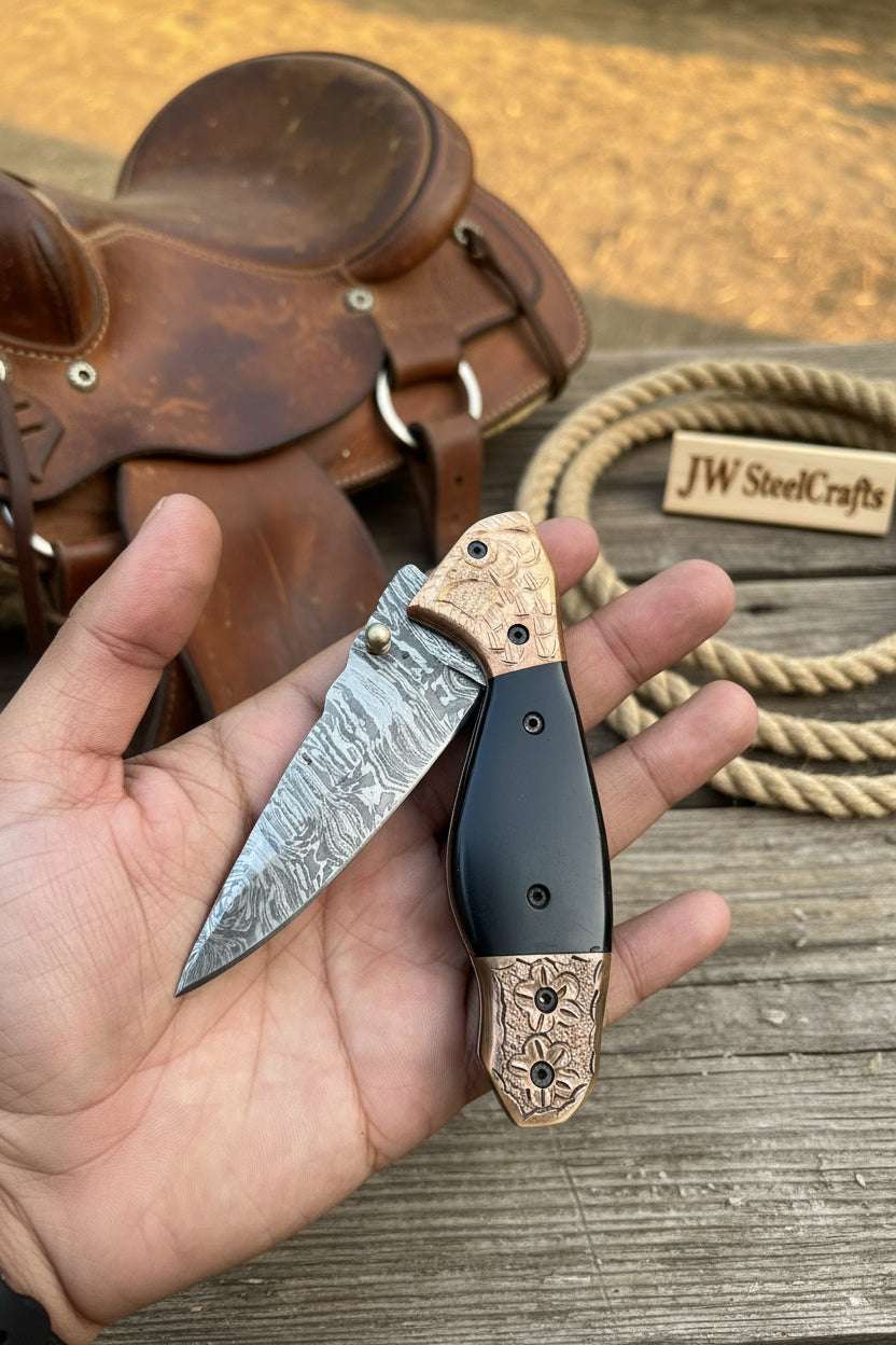 Palmarius Outdoors Duskhorn Damascus Folder 7.5" Handmade Micarta Handle Horn Bolster Folding Knife