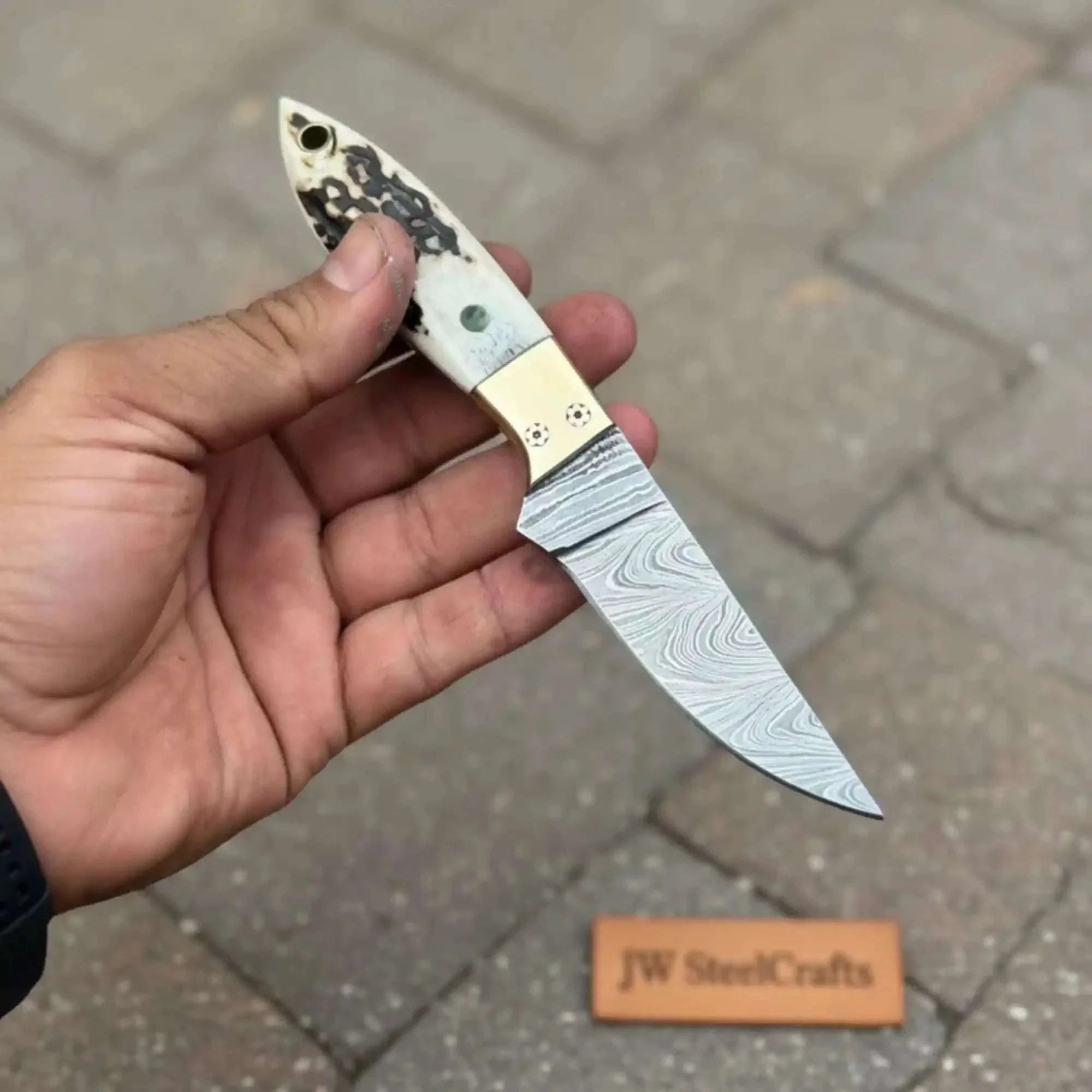 Palmarius Outdoors Handmade Damascus Drop Point EDC Knife Fixed Blade Stag Handle Brass Bolster