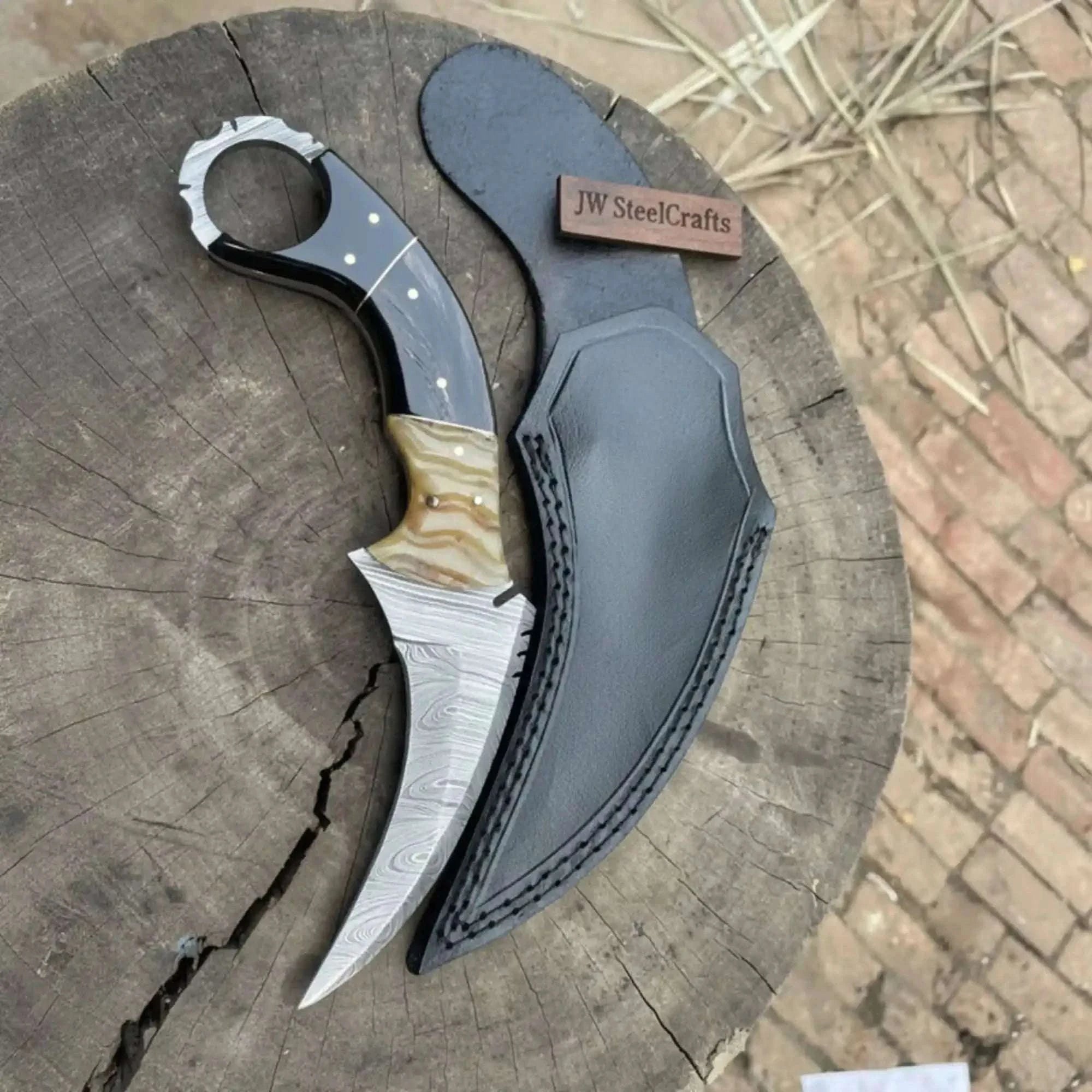 Palmarius Outdoors Karambit Style Recurve Knife Damascus Blade Finger Ring Hybrid Handle