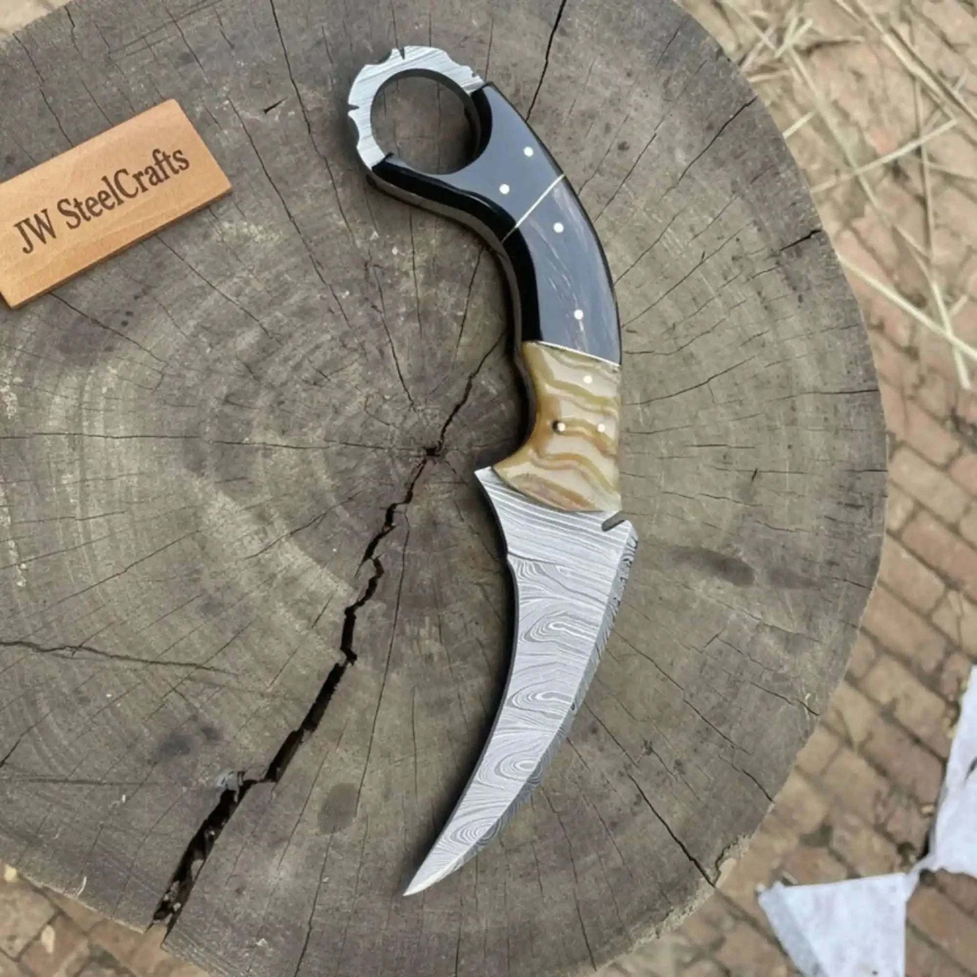 Palmarius Outdoors Karambit Style Recurve Knife Damascus Blade Finger Ring Hybrid Handle
