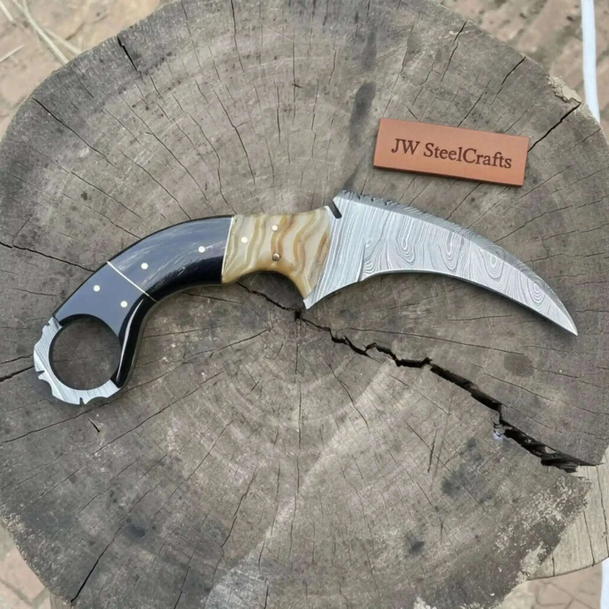 Palmarius Outdoors Karambit Style Recurve Knife Damascus Blade Finger Ring Hybrid Handle
