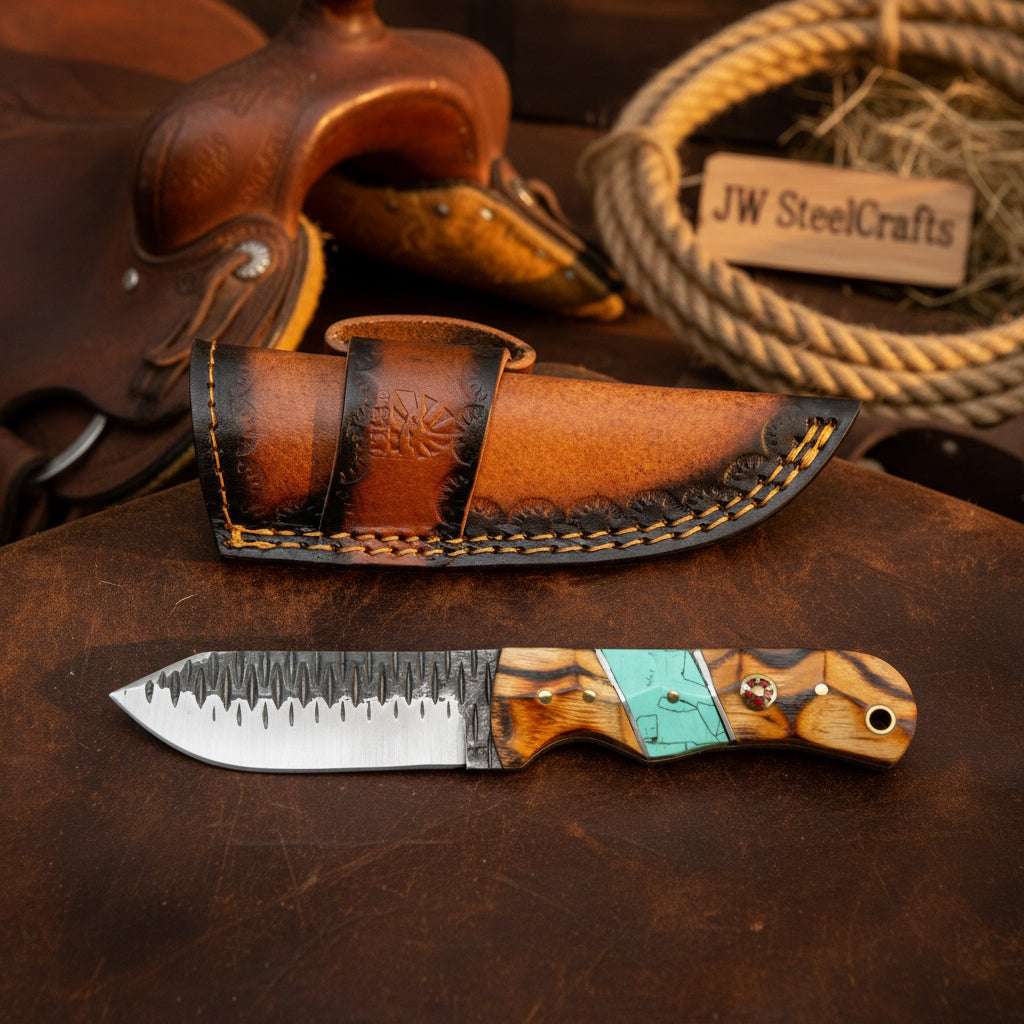 Palmarius Outdoors Turquoise Ridge Tracker Knife 10" Handmade Damascus with Serrated Spine Tracker Knife