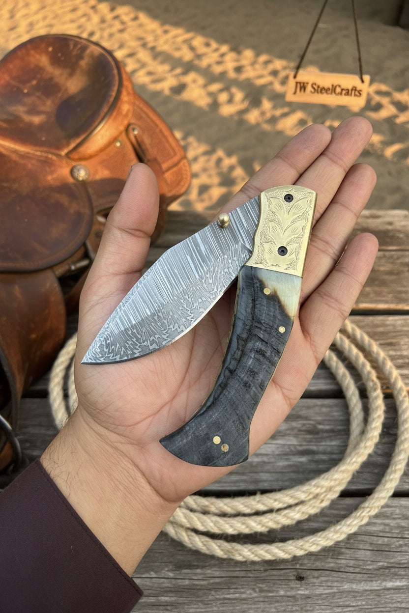 Palmarius Outdoors Stagline Damascus Folder 7" Handmade Horn Handle Damascus Bolster Folding Knife