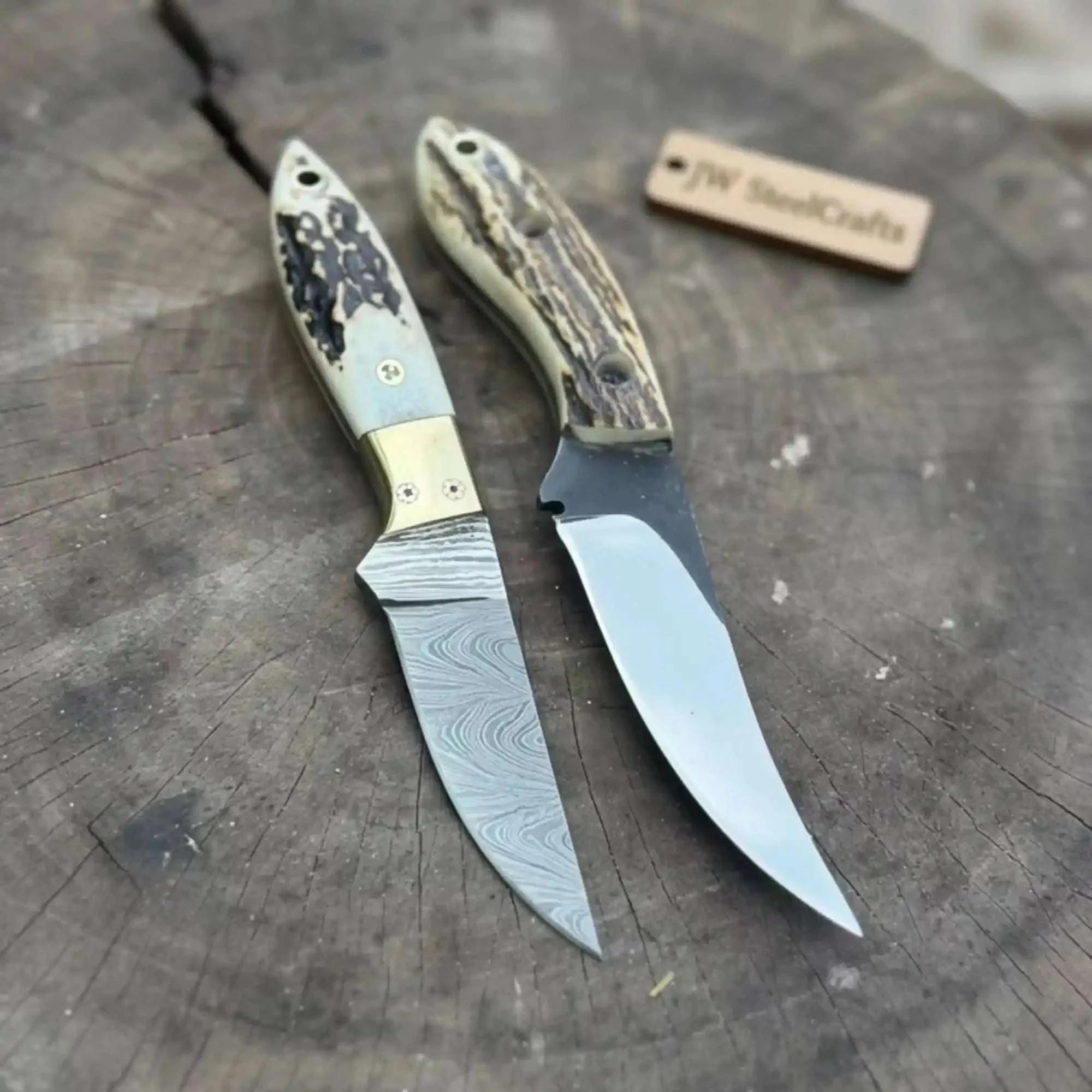 Palmarius Outdoors Nessmuk Style Knife Set Damascus and Polished Trailing Point Blades Stag Bone Handles