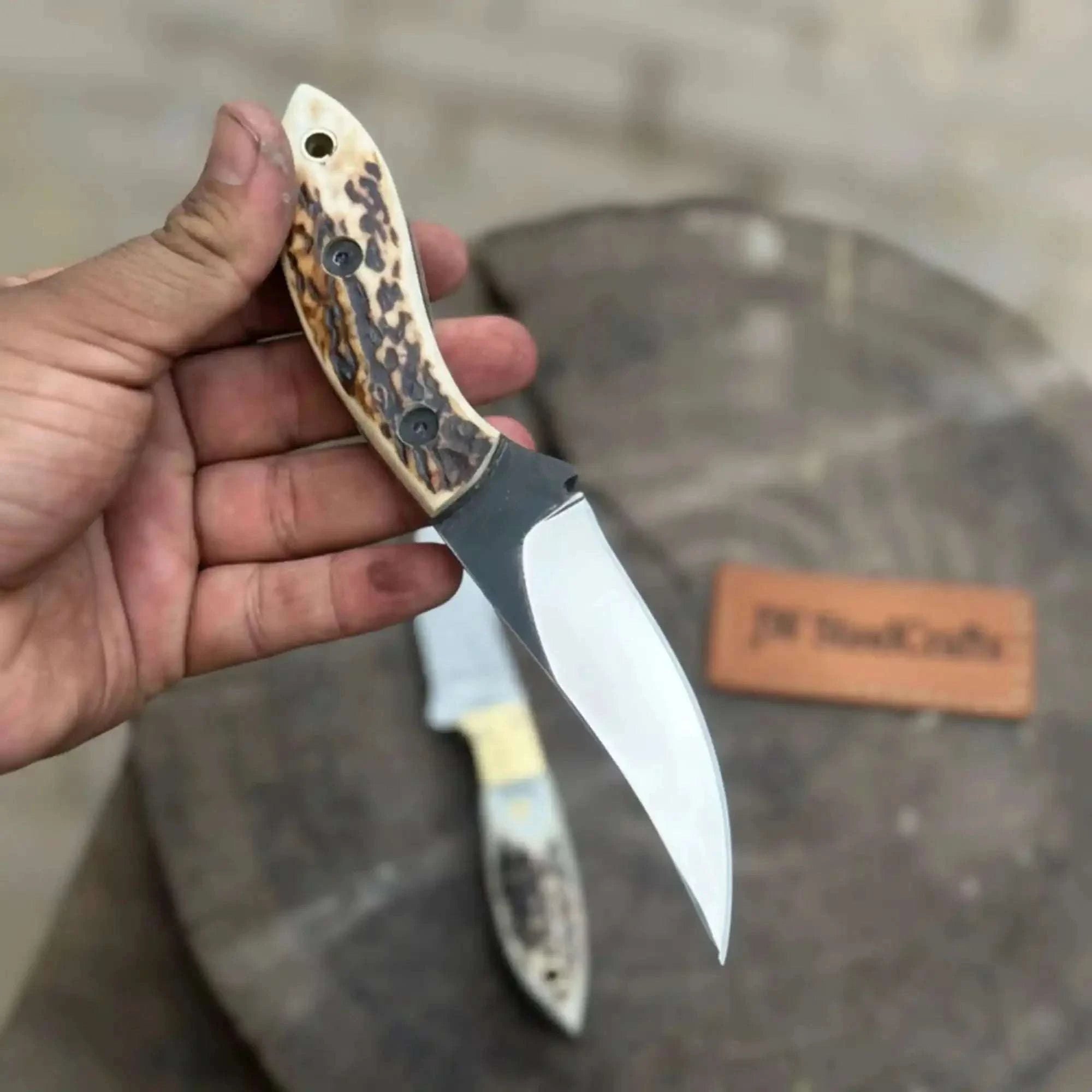 Palmarius Outdoors Nessmuk Style Knife Set Damascus and Polished Trailing Point Blades Stag Bone Handles