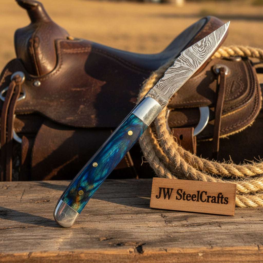 Palmarius Outdoors Custom Damascus Trapper Folding Knife – Blue Pakka Wood Trapper Knives