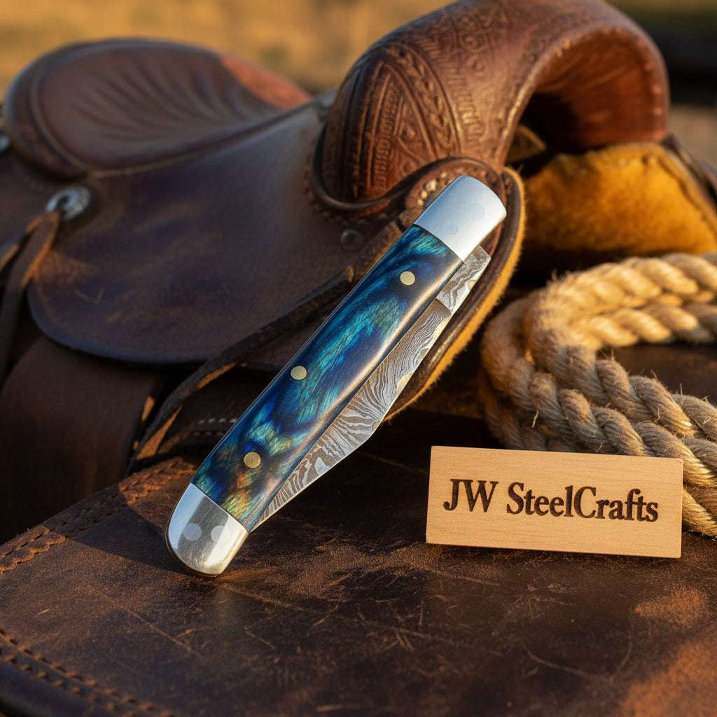 Palmarius Outdoors Custom Damascus Trapper Folding Knife – Blue Pakka Wood Trapper Knives