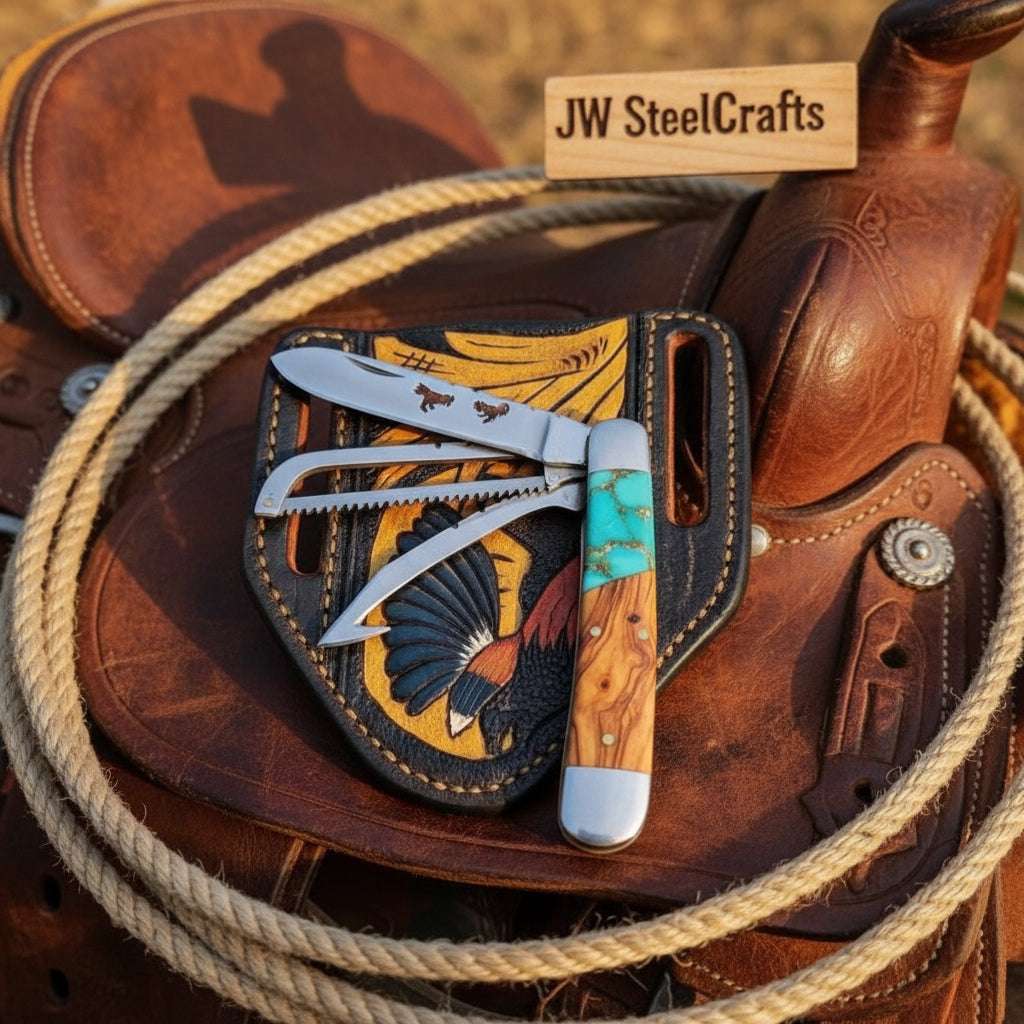 Palmarius Outdoors Turquoise Olive Trapper Jack Folding Knife 7" Handmade Carbon with Olive handle Trapper Knives