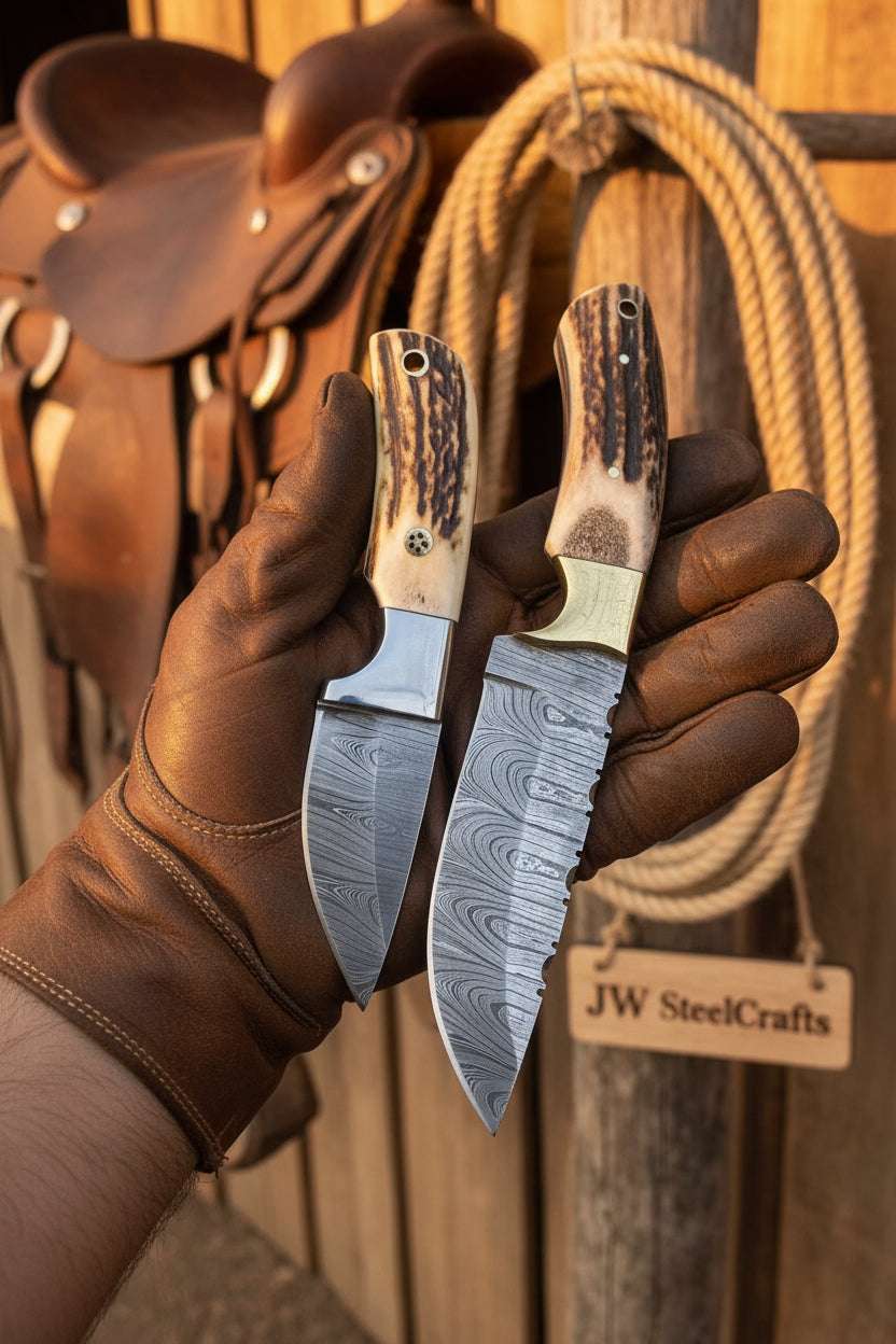 Palmarius Outdoors Twin Antler Hunter Knife Set of 2" Handmade Damascus Stag Horn Knife Pair Hunting Knife