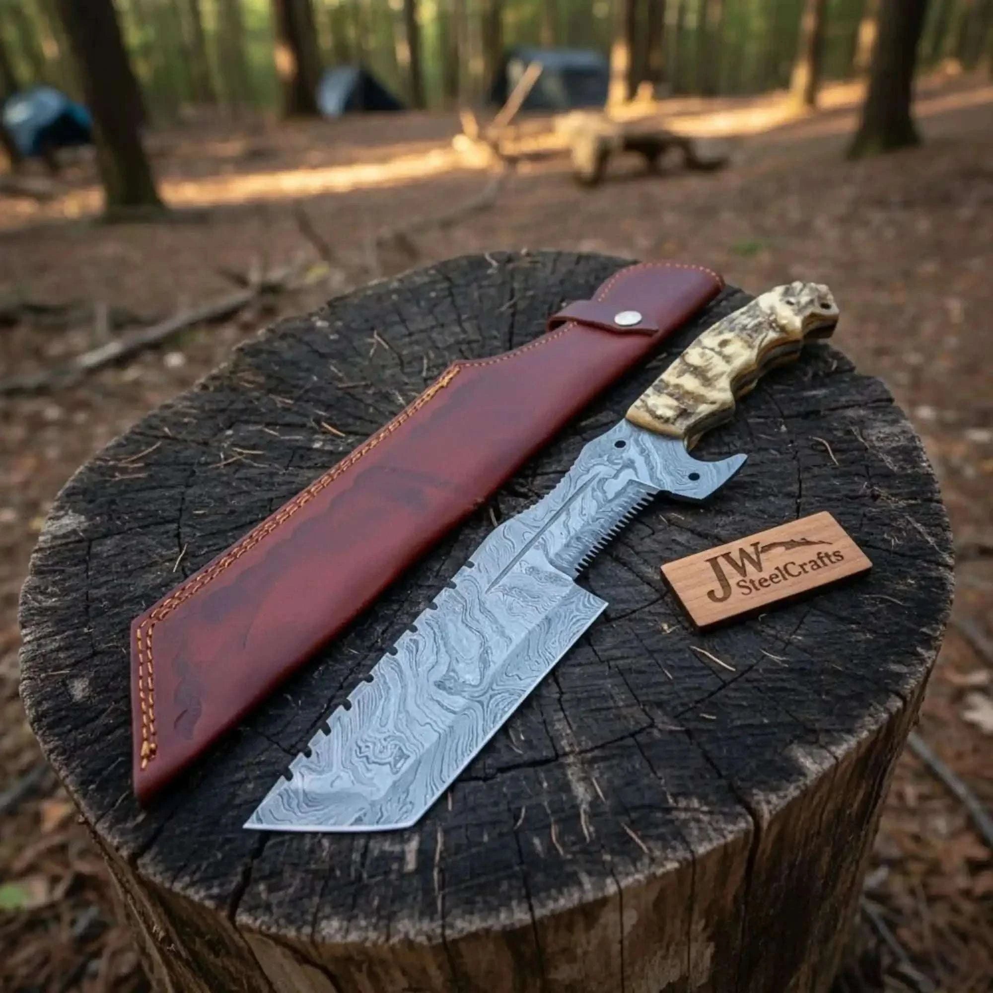 Palmarius Outdoors 12.5" Full Tang Damascus Blade Hunting Knife Ram's Horn Leather Sheath Handmade Tracker Knives