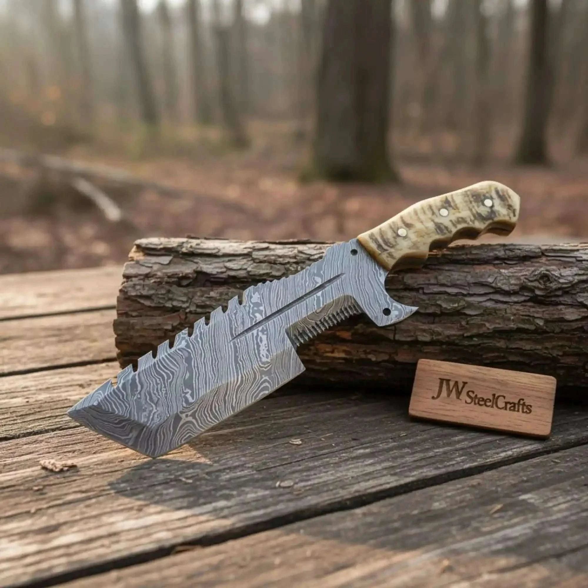 Palmarius Outdoors 12.5" Full Tang Damascus Blade Hunting Knife Ram's Horn Leather Sheath Handmade Tracker Knives