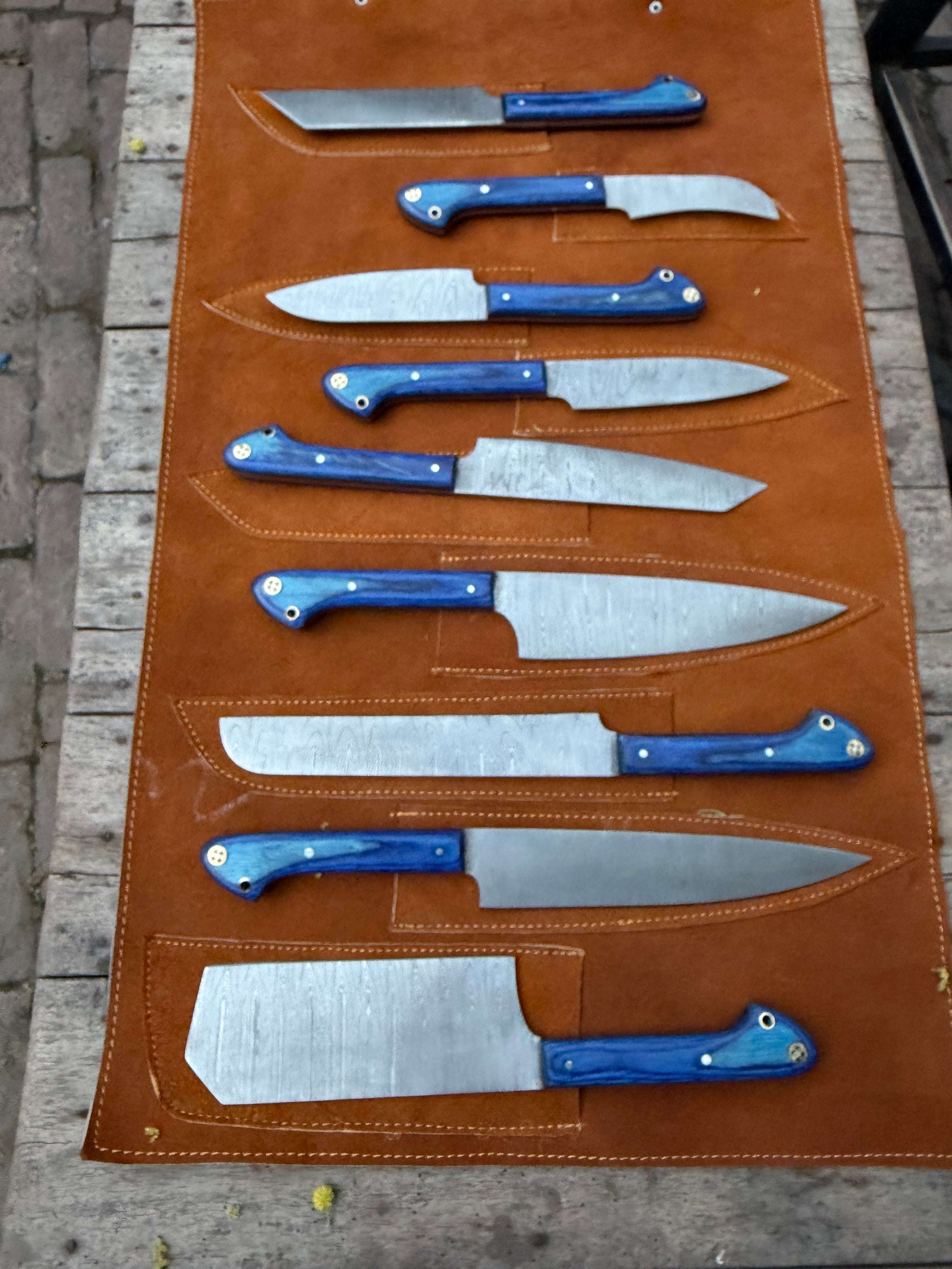 Palmarius Outdoors 9-Piece Damascus Kitchen Knife Set with Leather Roll and Blue Pakka Wood Handles Handmade Chef Knife Sets