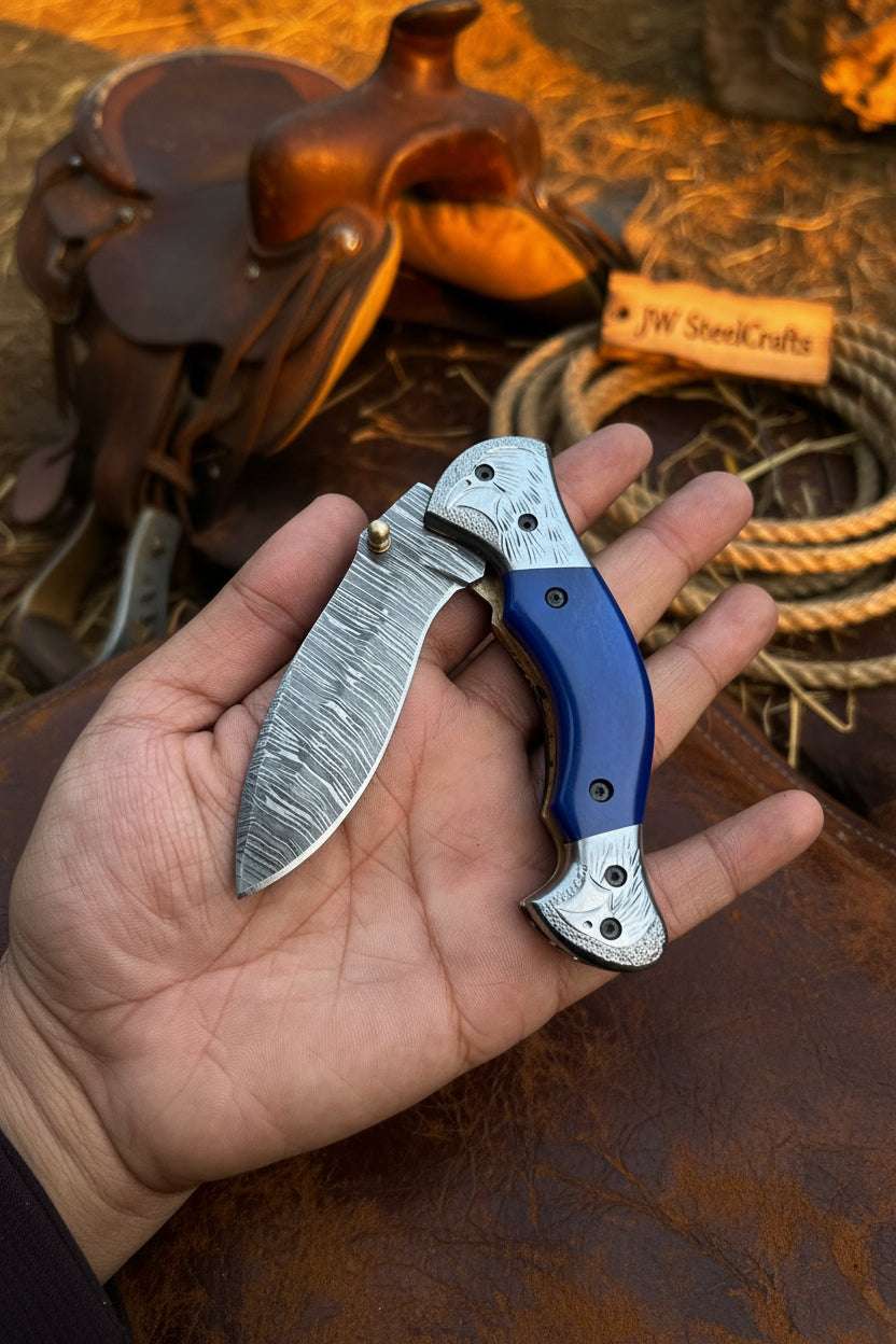 Palmarius Outdoors Silverline Ridge Curved Folder Knife 8" Handmade Damascus Steel Resin Handle Folding Knife