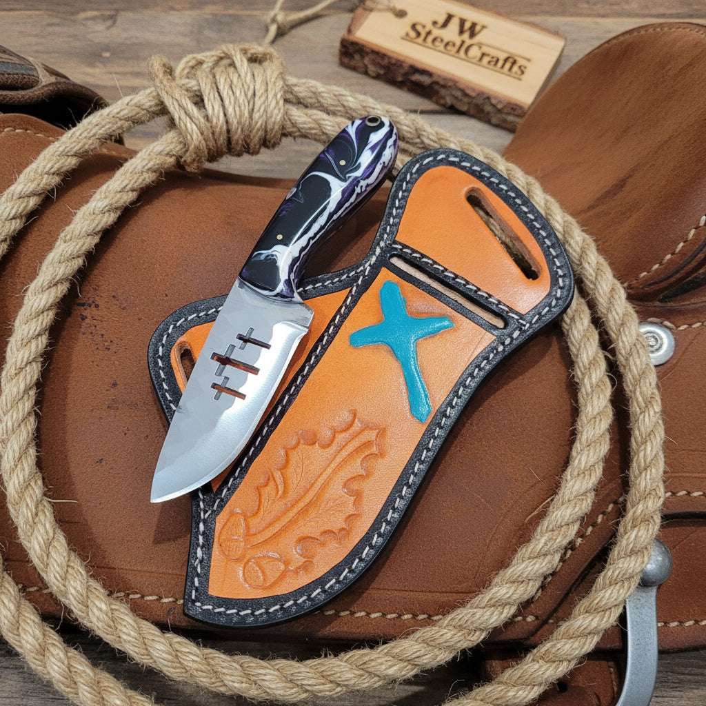 Palmarius Outdoors Marble Cross Ranch Knife 7" Handmade Cross Engraved Marbled Resin Handle