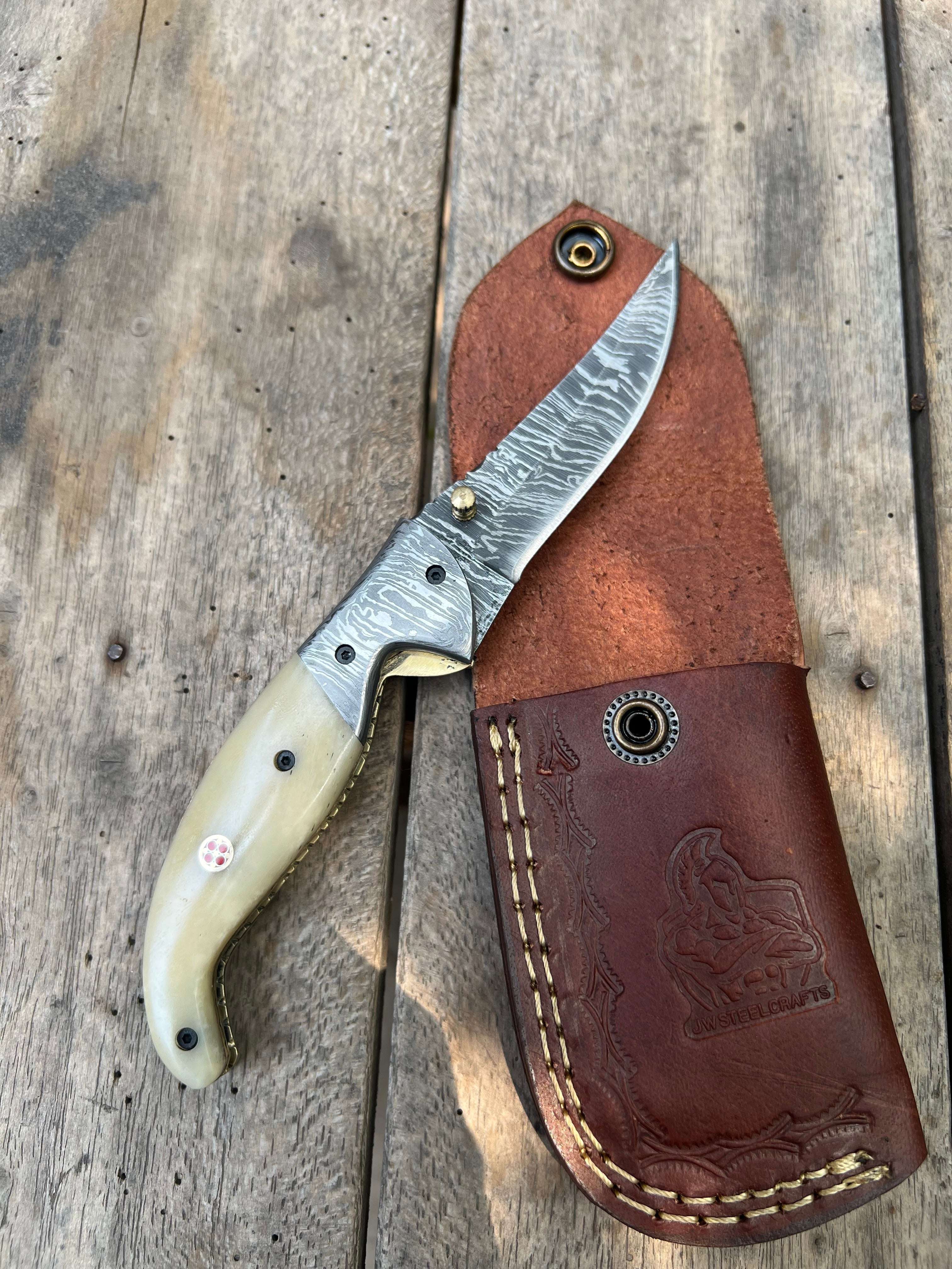Palmarius Outdoors Frontrunner Camel Bone folding knife with Leather Sheath Liner Lock Folder