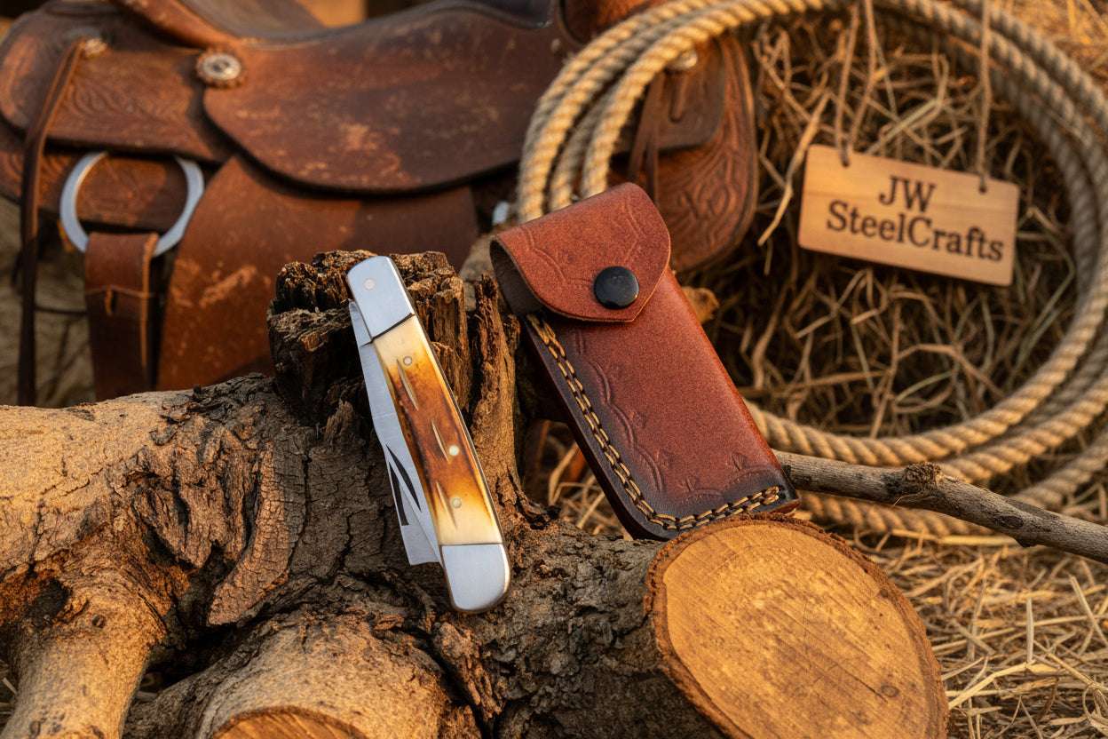 Palmarius Outdoors Razor Trapper Knife with Burned Bone Handle and Steel Bolsters Trapper Knives