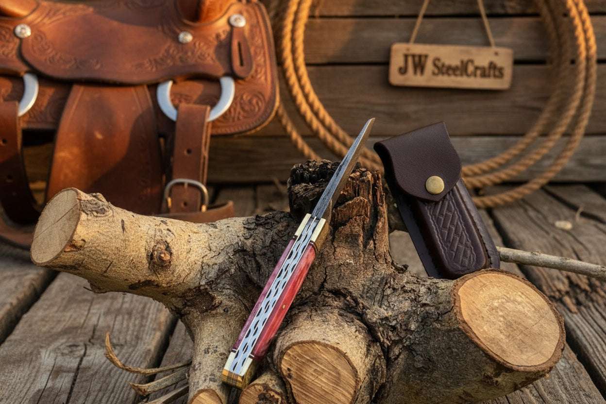 Palmarius Outdoors Backwoods Trapper Knife Two Blade Pink Bone Handle Steel Bolster Slip Joint Folding Knife