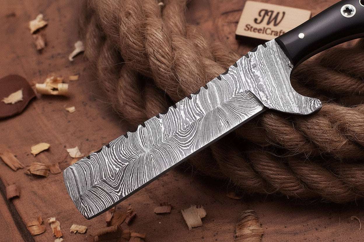 Palmarius Outdoors Blackhorn Bull Cutter Knife 7" Handmade Ladder Damascus Black Resin Handle Bull Cutter Knives Set