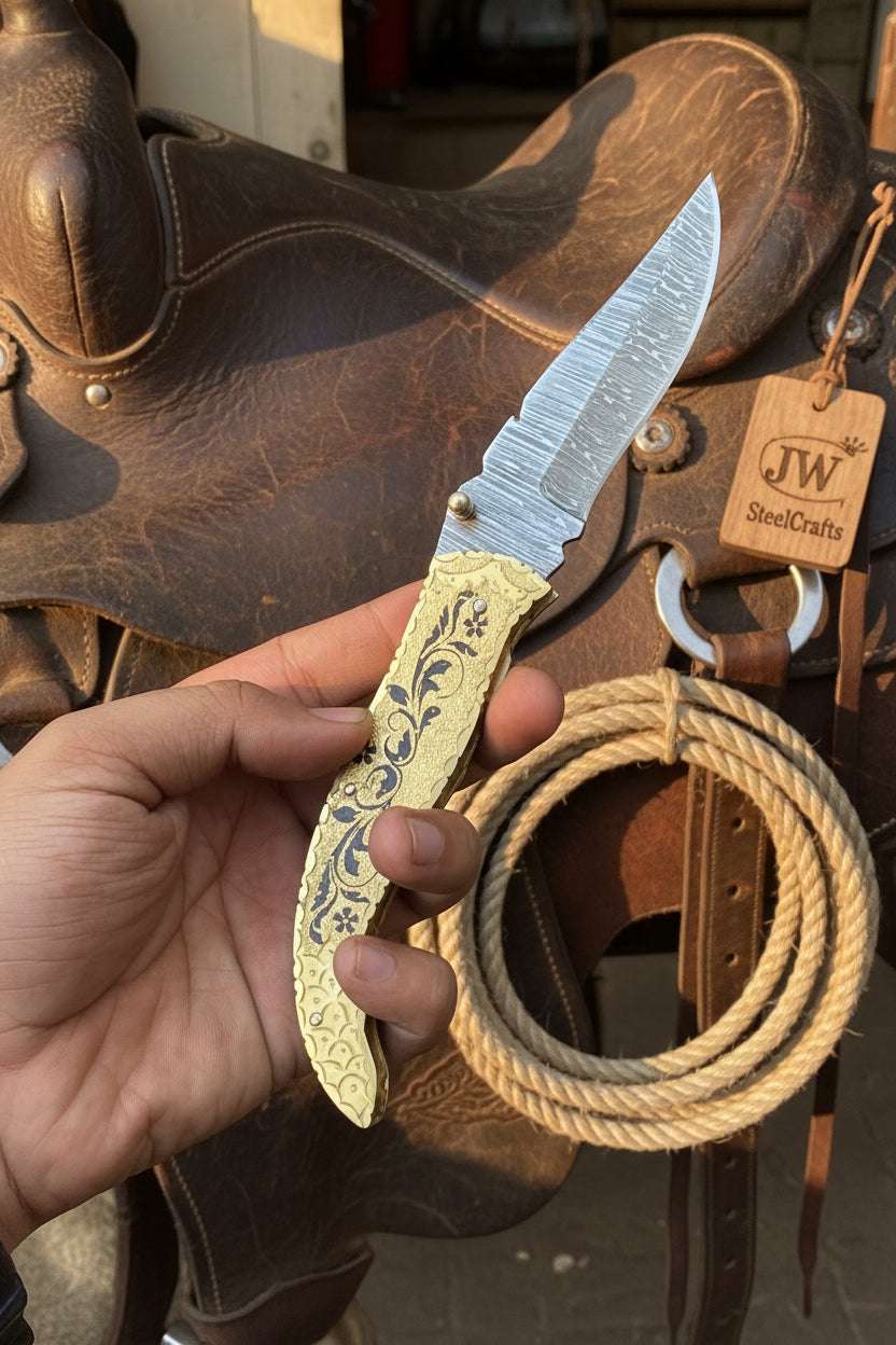 Palmarius Outdoors Calligraphy Engraved Brass Folder Knife 10" Handmade Damascus Blade Back Lock Folder
