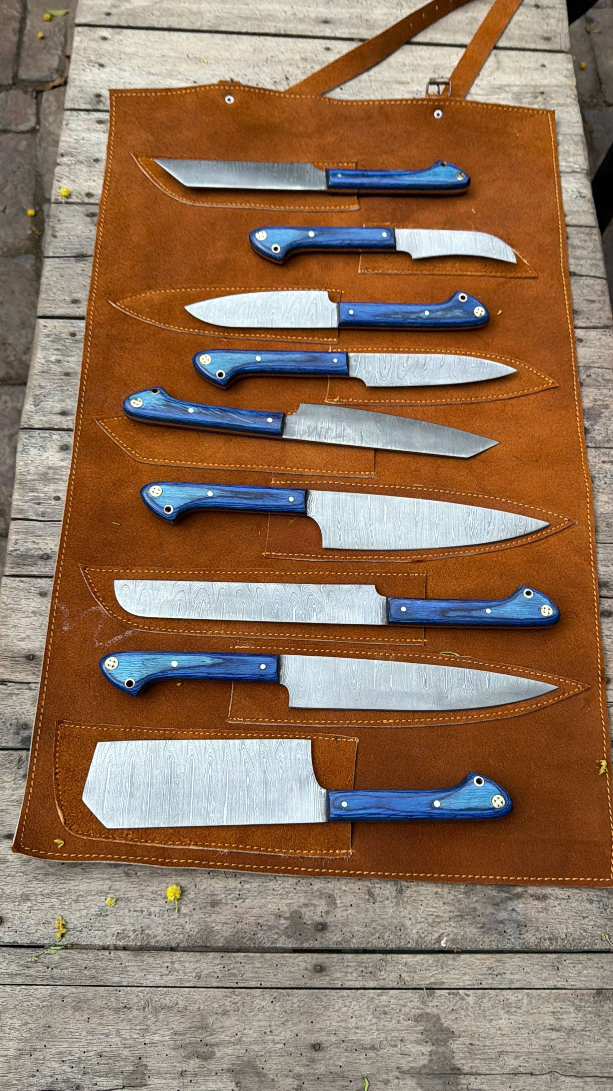 Palmarius Outdoors 9-Piece Damascus Kitchen Knife Set with Leather Roll and Blue Pakka Wood Handles Handmade Chef Knife Sets