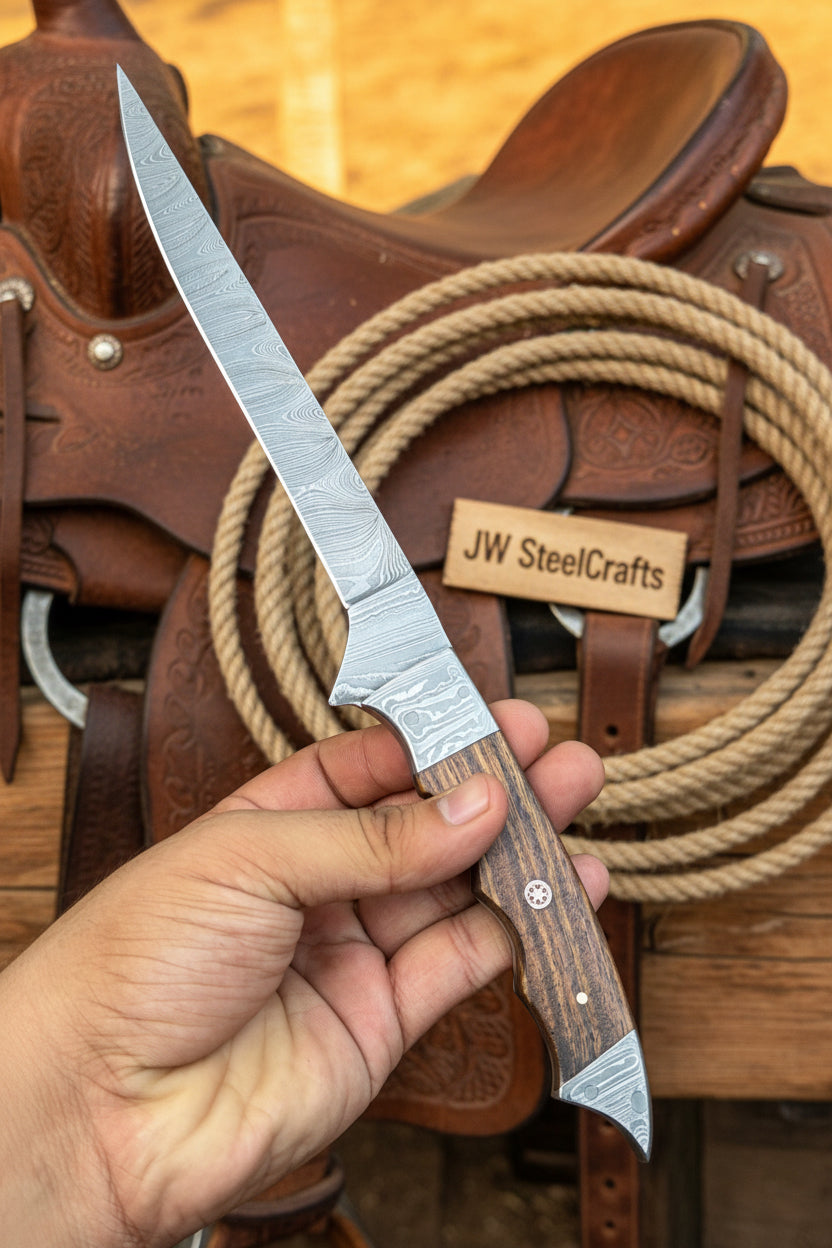 Handmade 13 Inch Overall Damascus Steel Fillet Knife – Full Tang Fishing Knife with Hardwood Handle and Leather Sheath.