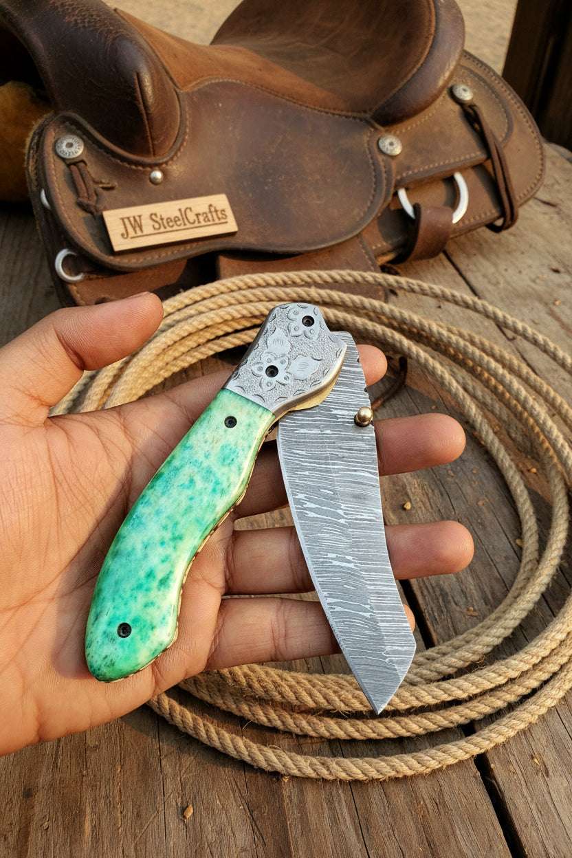 Palmarius Outdoors Jadeline Damascus Folder 7" Handmade Turquoise-Green Resin Handle Folding Knife
