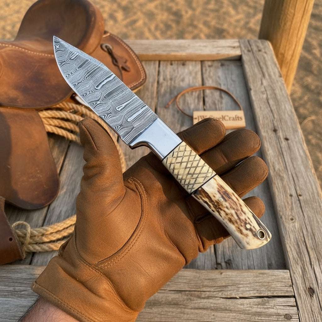 Palmarius Outdoors Frontier Stag Damascus Hunting Knife 9" Cross-Hatch Stag Horn Hunting Knife