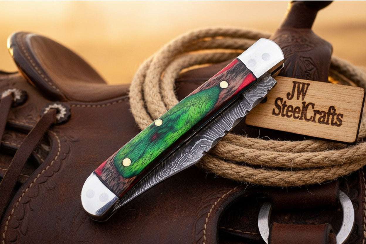 Palmarius Outdoors Forest Green Trail Trapper Knife Pakka Wood Damascus Steel folding Trapper Knife Folding Knife