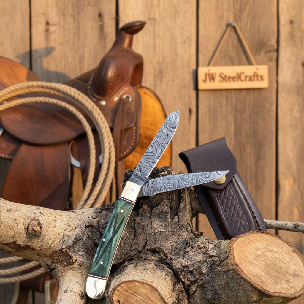 Palmarius Outdoors Damascus Trapper Pocket Knife – Two Blade Folding Knife with Green Bone Handle Folding Knife