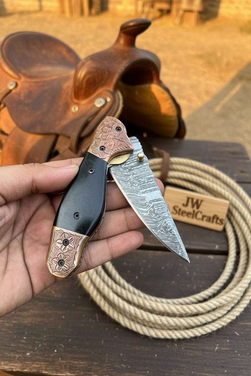 Palmarius Outdoors Duskhorn Damascus Folder 7.5" Handmade Micarta Handle Horn Bolster Folding Knife