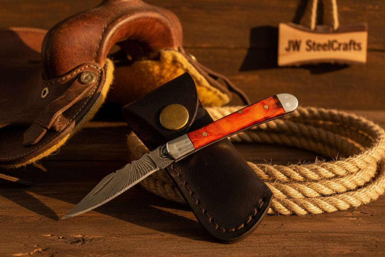Palmarius Outdoors Redsaddle Folding Knife 7" Handmade Damascus Steel Pocket Knife Folding Knife