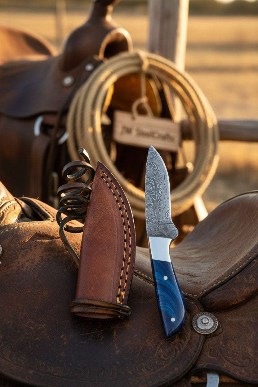 Palmarius Outdoors Cobalt Trail Caper Knife 10" Handmade Damascus Blue Resin Handle