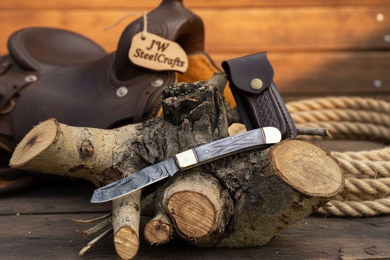Palmarius Outdoors Damascus Steel Trapper Knife 4" with Bone Handle, Folding Pocket Knife