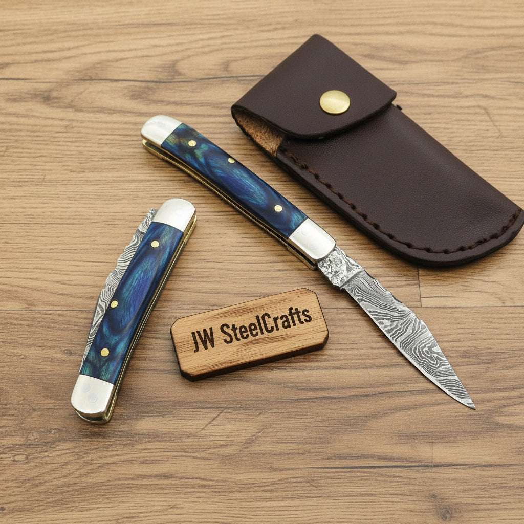 Palmarius Outdoors Custom Damascus Trapper Folding Knife – Blue Pakka Wood Trapper Knives