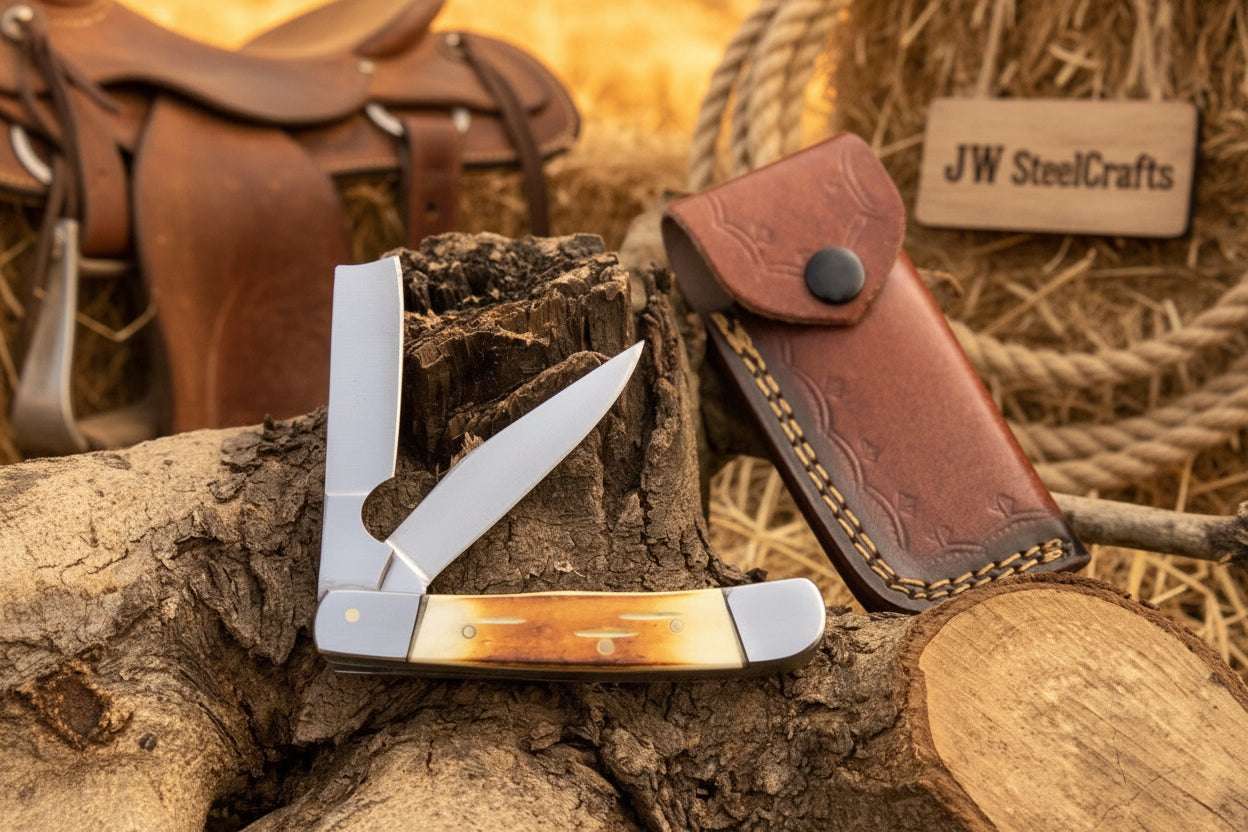Palmarius Outdoors Razor Trapper Knife with Burned Bone Handle and Steel Bolsters Trapper Knives