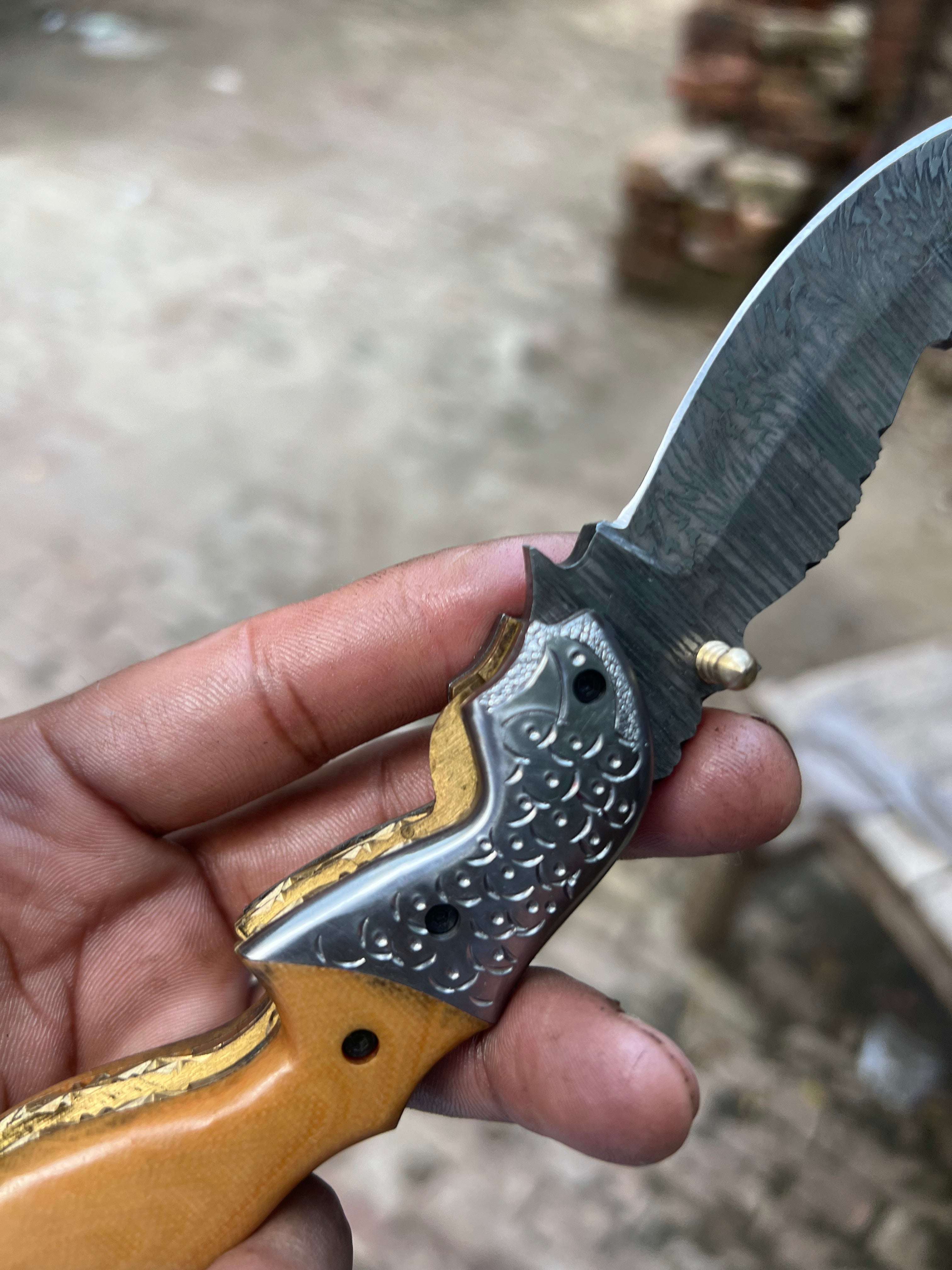 Palmarius Outdoors Honeywood Hawkbill Folder Knife 8" Handmade Wood Handle Damascus Blade Folding Knife