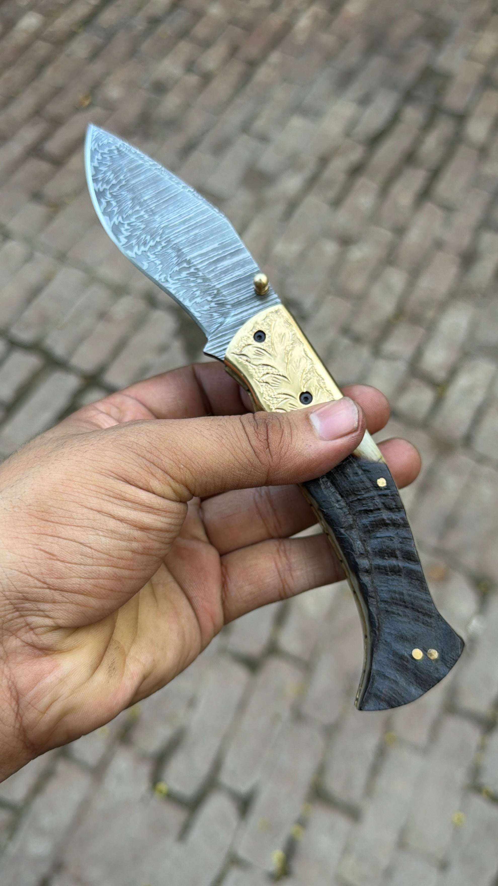 Palmarius Outdoors Stagline Damascus Folder 7" Handmade Horn Handle Damascus Bolster Folding Knife