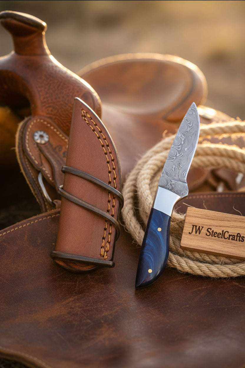 Palmarius Outdoors Cobalt Trail Caper Knife 10" Handmade Damascus Blue Resin Handle
