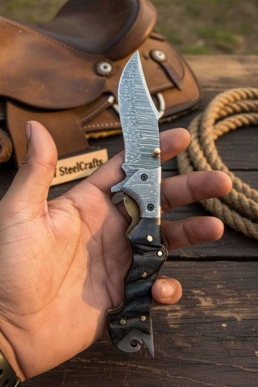 Palmarius Outdoors Grithorn Damascus Folder 7" Handmade Horn Handle Lock Back Mechanism Back Lock Folder