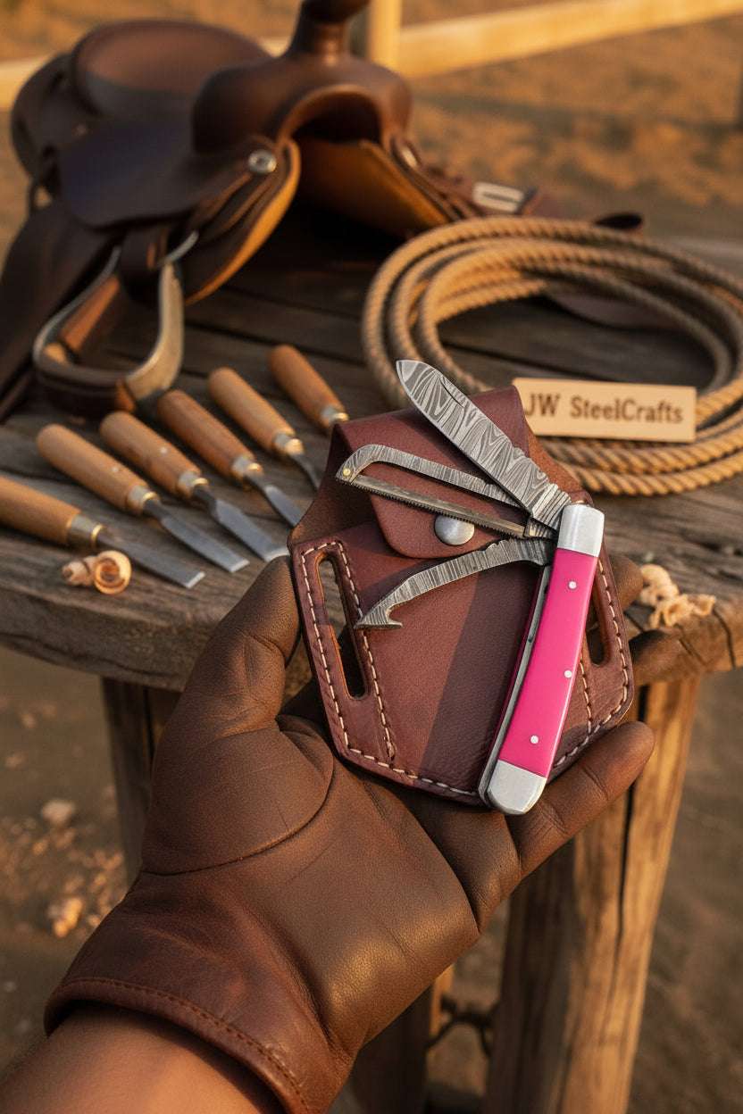 Palmarius Outdoors Rosewood Pink Damascus Trapper Folder Knife 7" Handmade Pink Rosewood Handle Folding Knife