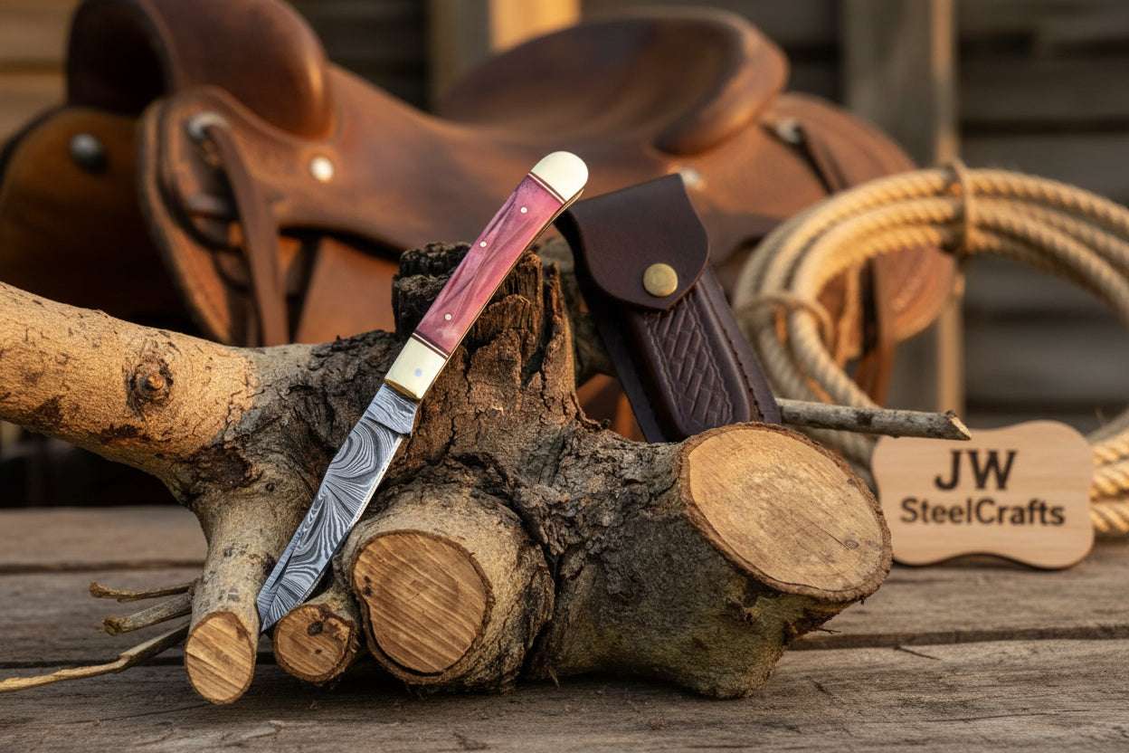 Palmarius Outdoors Backwoods Trapper Knife Two Blade Pink Bone Handle Steel Bolster Slip Joint Folding Knife