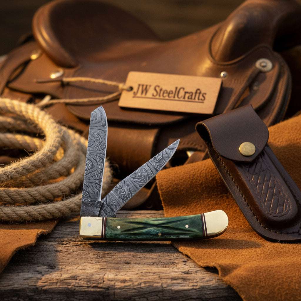 Palmarius Outdoors Damascus Trapper Pocket Knife – Two Blade Folding Knife with Green Bone Handle Folding Knife