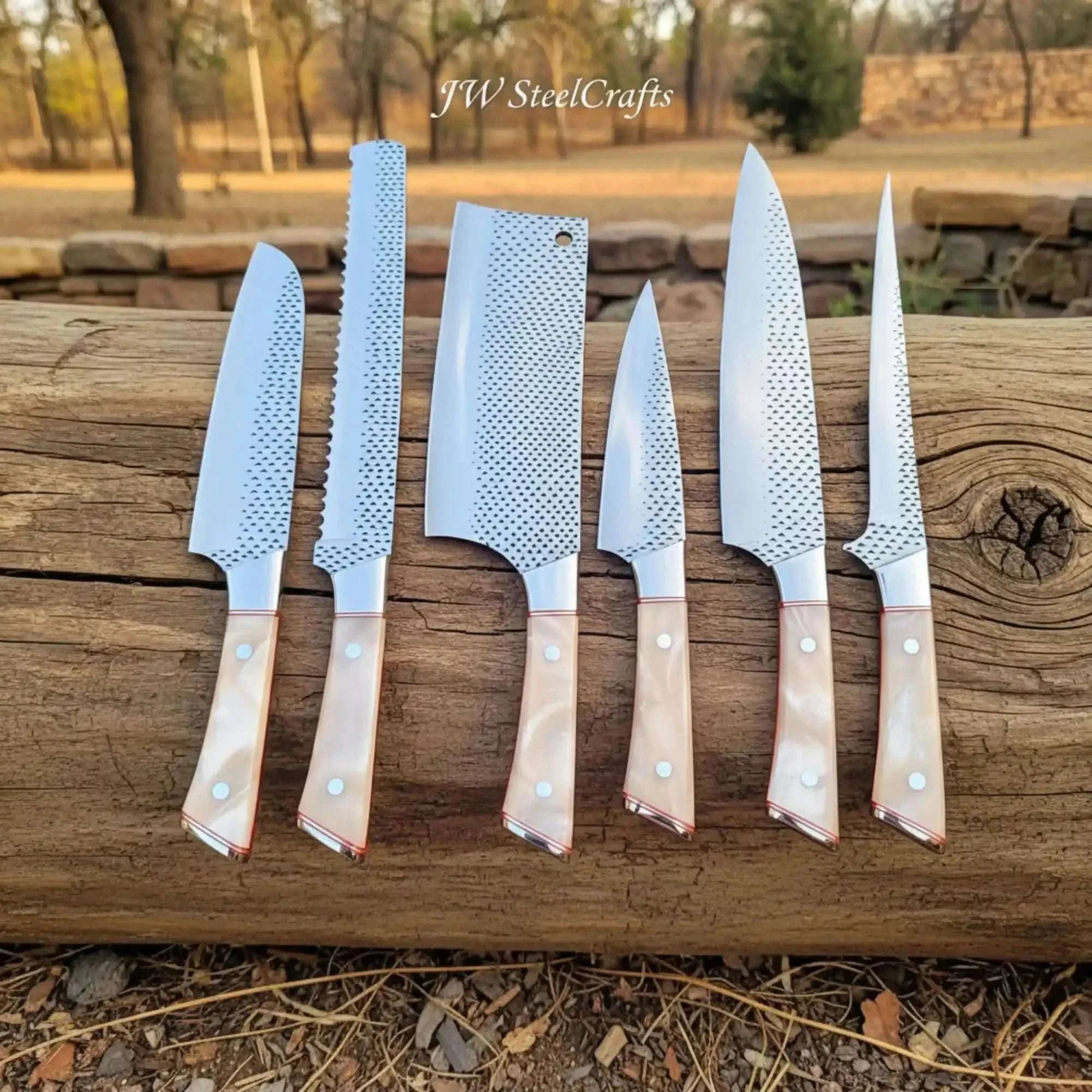 Palmarius Outdoors 6-Piece Rasp Steel Kitchen Knife Set — Dimple Textured Blades, Cream Resin Handles, Copper Bolsters & Steel Pommels Damascus Steel Kitchen Knife Set