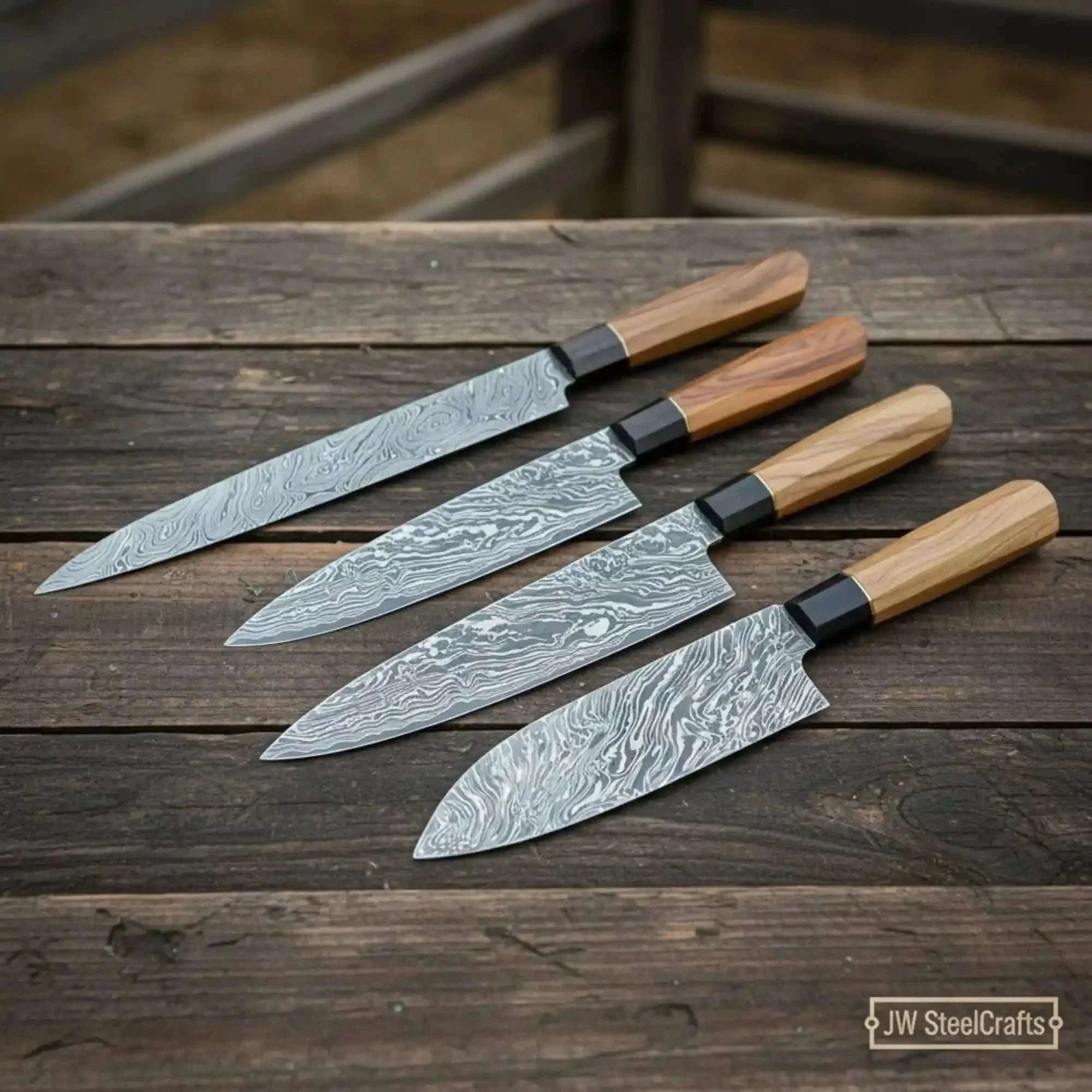 Palmarius Outdoors 4-Piece Damascus Sujihiki, Gyuto, Santoku & Nakiri Set – Olive Wood Wa Handle Handmade Chef Knife Sets