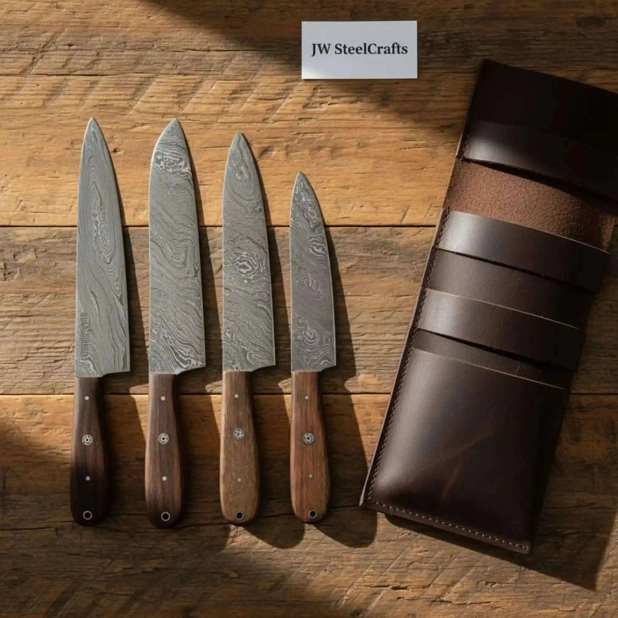 Palmarius Outdoors Handmade Damascus Steel Knife Set with Leather Roll, Rosewood Handle Kitchen Collection Handmade Chef Knife Sets