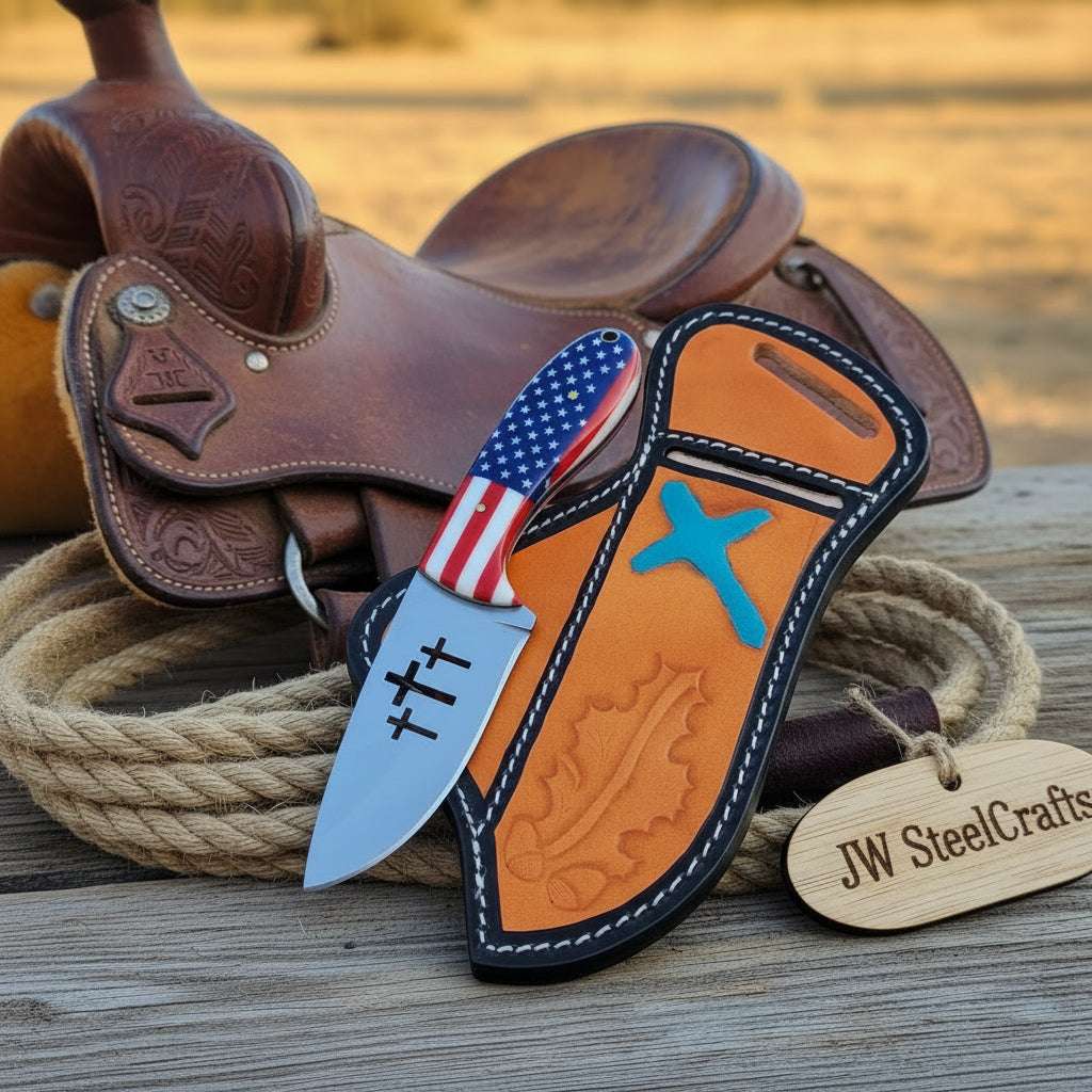Palmarius Outdoors Liberty Cross Ranch Knife 7" Handmade American Flag, Engraved